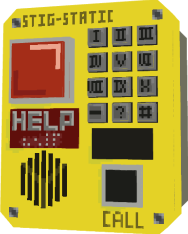 A 3D model of an yellow, rounded-rectangular emergency buzzer; notable features include a large red button on the top right, a dark red sign with the word "Help," in both the Latin and Braille alphabet, embossed in metal below the red button, a barred spea