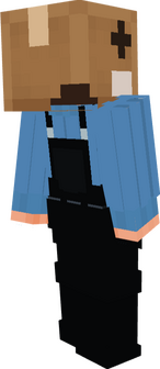 An isometric portrait of Wilhelm. It wears a thick, woolen light-blue turtleneck, overalls that have been dyed black, black rubber boots under its knees, and, most glaringly, a cardboard box. This cardboard box has been taped close at the top, a medicine "