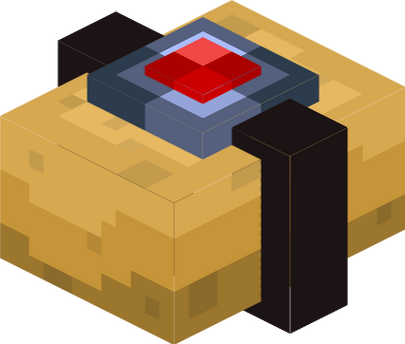 A 3D model of a potato that has had a "core" - a square plate of bluish-gray lead with a red square light in the middle - strapped onto it with a thick band dark-brownish cured rubber.